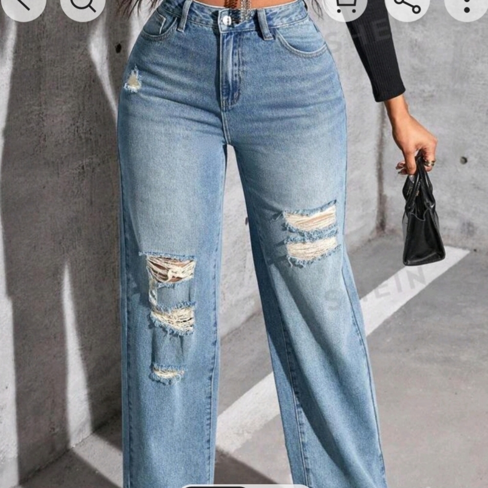 Light Blue Distressed Straight Leg Jeans